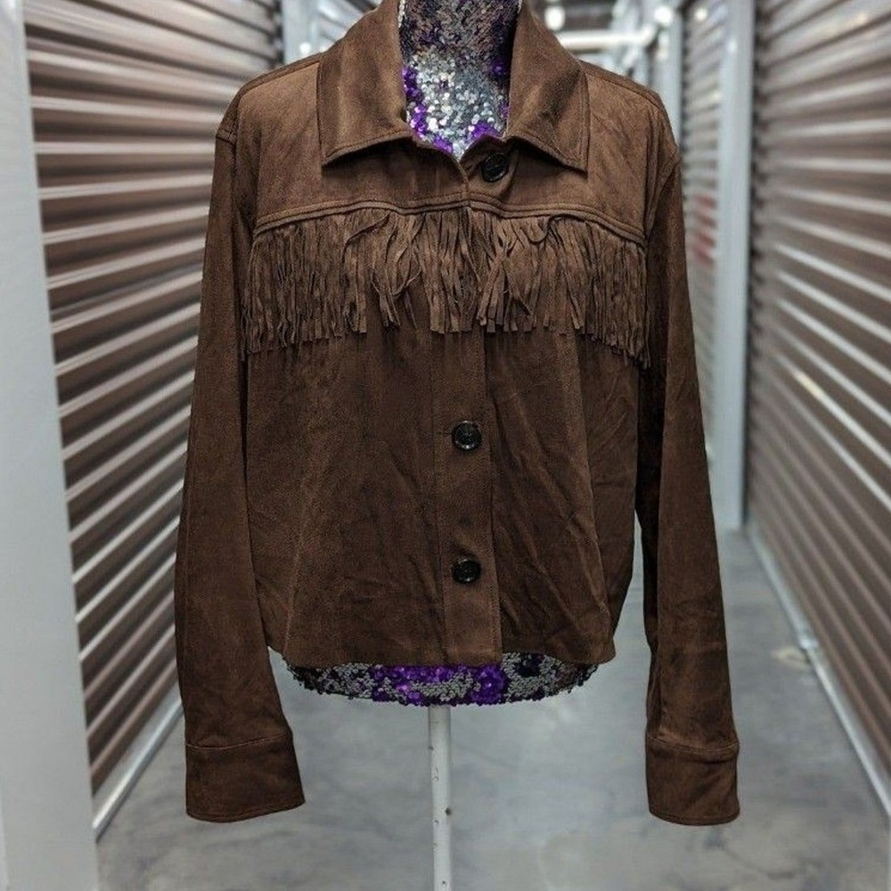 Western Boho Fringe Jacket Brown Vegan Suede Y2K Banana‎ Republic Brown XL